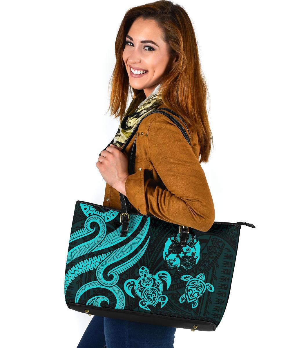 Tonga Polynesian Large Leather Tote Bag - Turquoise Tentacle Turtle - Polynesian Pride