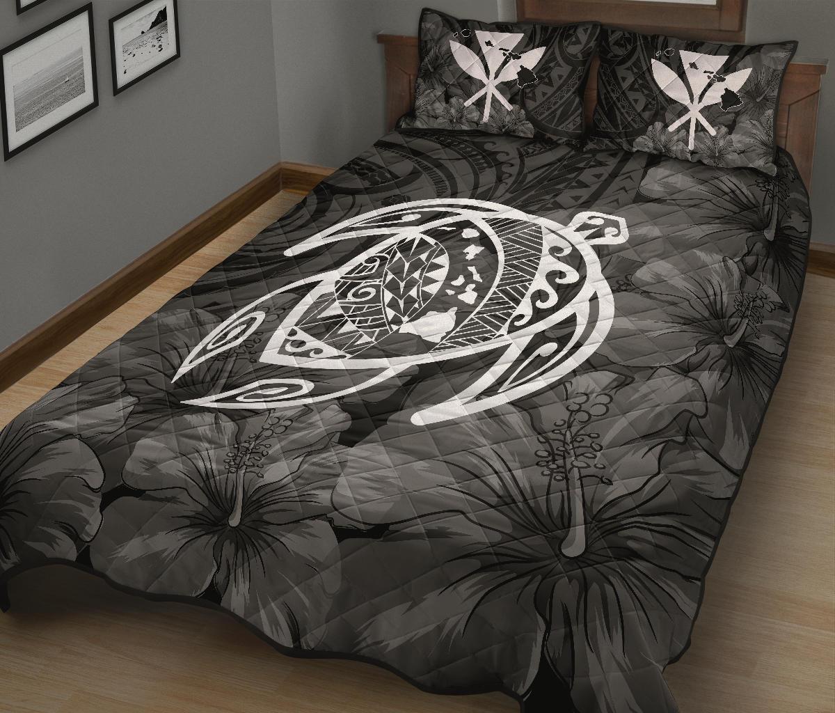 Hawaii Turtle Kanaka Map Hibiscus Poly Quilt Bed Set - White - Polynesian Pride