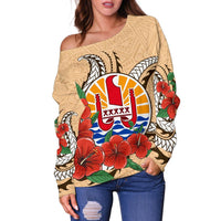 Tahiti Polynesian Off Shoulder Sweater - Hibiscus Coat of Arm Beige - Polynesian Pride