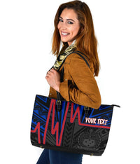 Samoa Personalised Large Leather Tote Bag - Samoa Coat Of Arms With Polynesian Patterns In Heartbeat Style (Blue) - Polynesian Pride