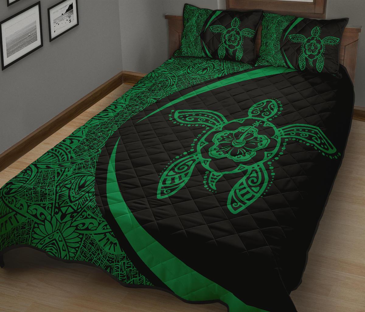 Hawaiian Polynesian Turtle Quilt Bed Set - Circle Style Green - Polynesian Pride