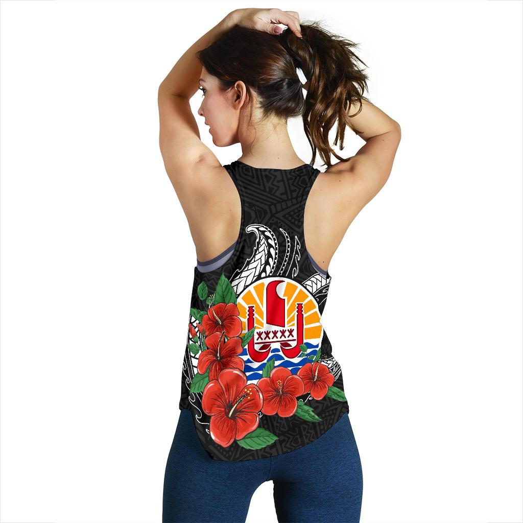 Tahiti Polynesian Women Racerback Tank - Hibiscus Coat of Arm Black - Polynesian Pride