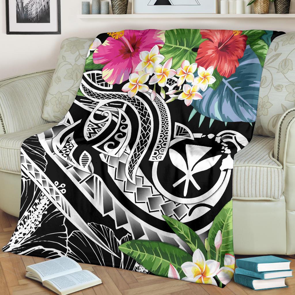 Polynesian Hawaii Kanaka Maoli Premium Blanket - Summer Plumeria (Black) - Polynesian Pride