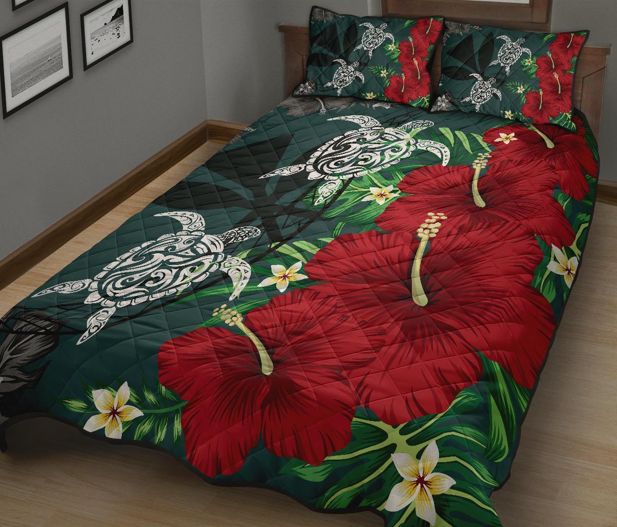 Hawaii Map Turtle Hibiscus Plumeria Polynesian - Quilt Bed Set AH - Polynesian Pride