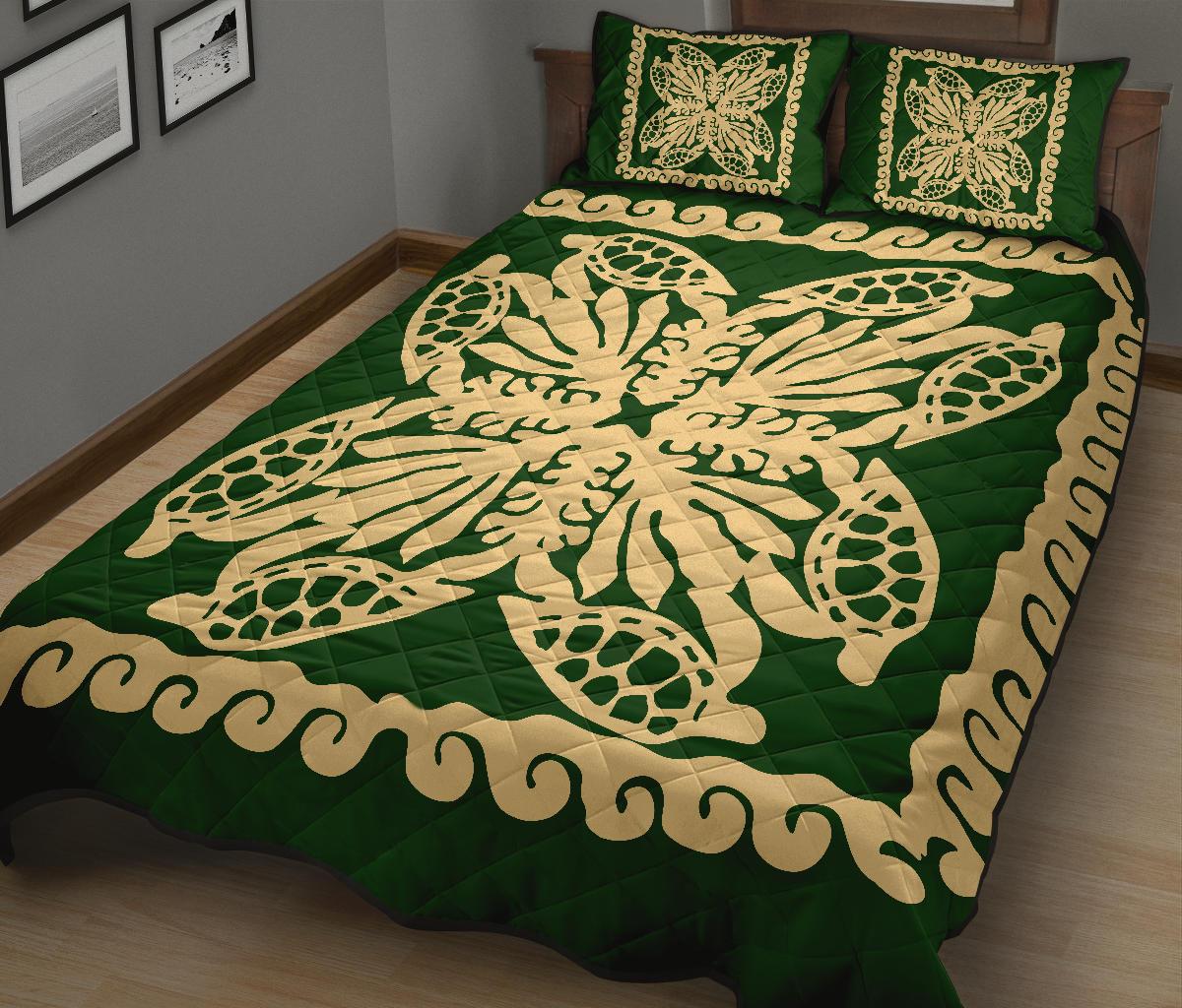 Hawaii Turtle Royal Green Quilt Bed Set - Dey Style - AH - Polynesian Pride