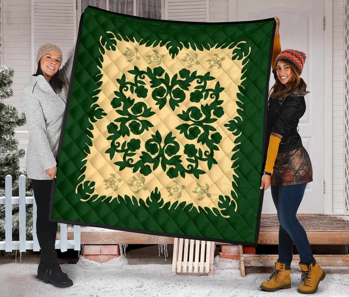 Hawaii Premium Quilt - Hawaiian Quilt Plumeria Medallion Green Premium Quilt - AH - Polynesian Pride