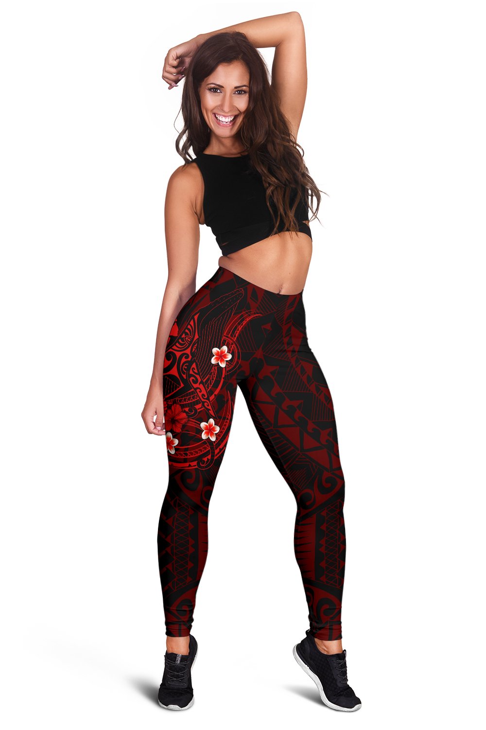 Polynesian Hawaii Kanaka Maoli Leggings - Humpback Whale with Hibiscus (Red) - Polynesian Pride