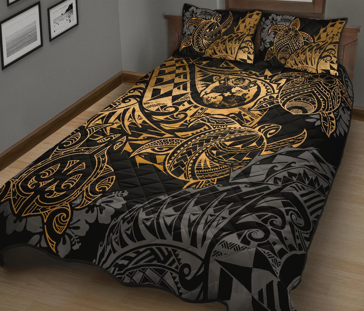Tonga Polynesian Quilt Bed Set - Gold Turtle Flowing - Polynesian Pride