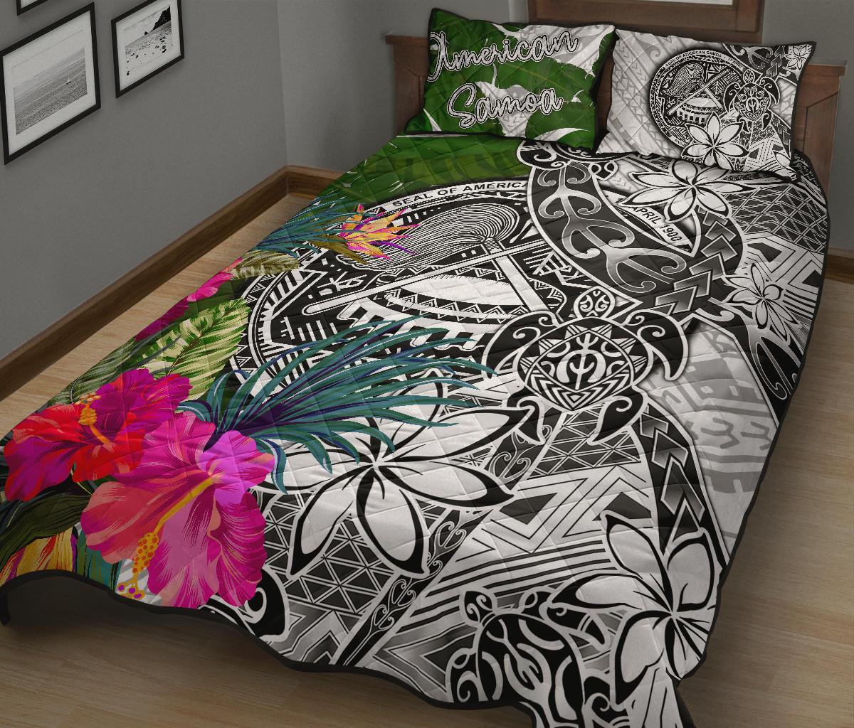 American Samoa Quilt Bed Set White - Turtle Plumeria Banana Leaf - Polynesian Pride