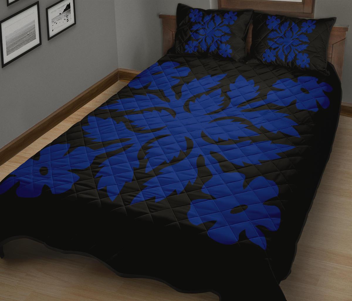 Hawaiian Quilt Bed Set Royal Pattern - Black And Blue - B2 Style - Polynesian Pride