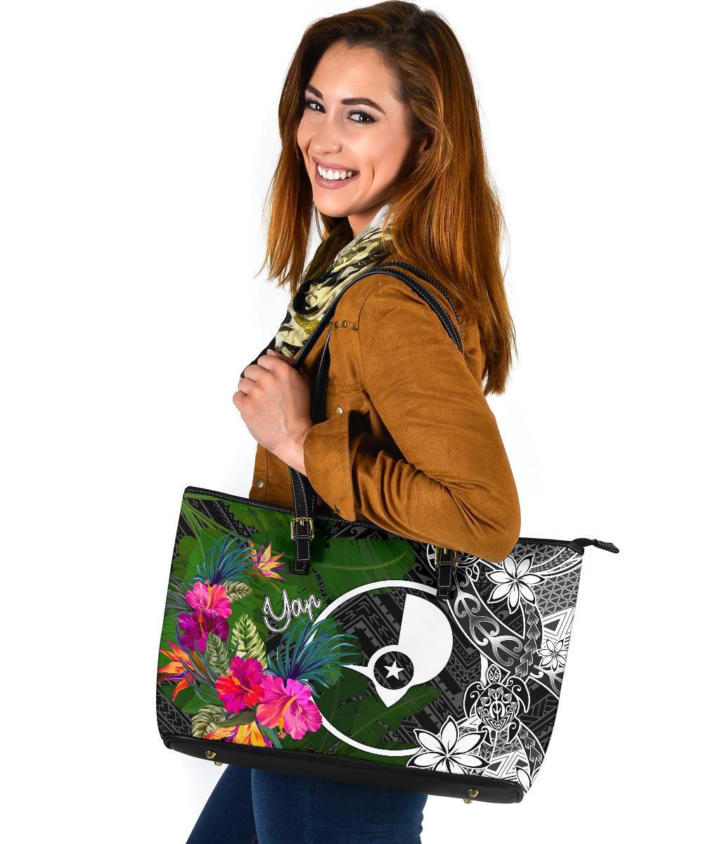 Yap Large Leather Tote Bag - Turtle Plumeria Banana Leaf - Polynesian Pride