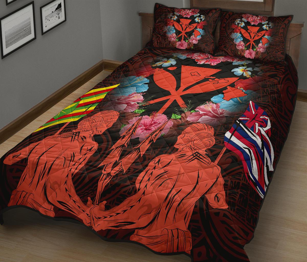 Hawaii Map Kanaka Two Men Holding Flag Quilt Bed Set - AH - Orange - Polynesian Pride