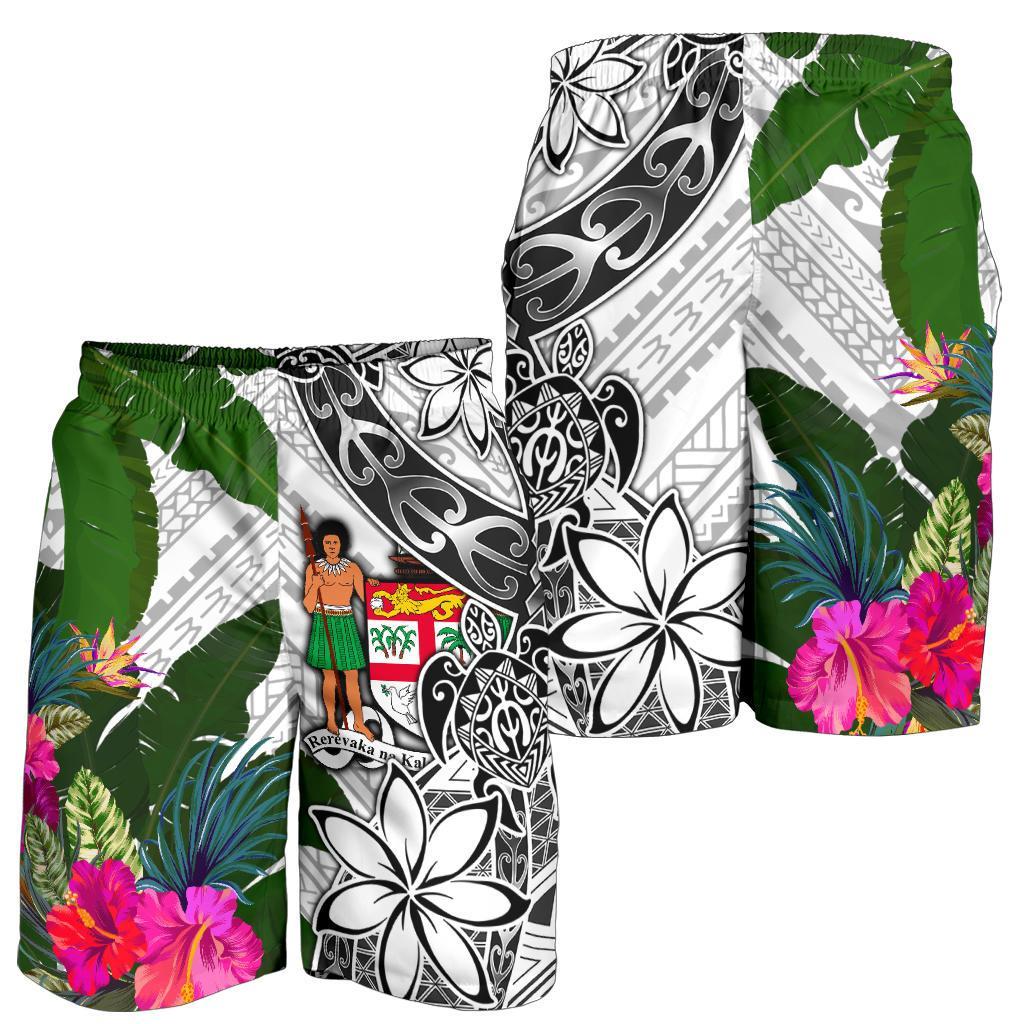 Fiji Men's Short White - Turtle Plumeria Banana Leaf Crest - Polynesian Pride
