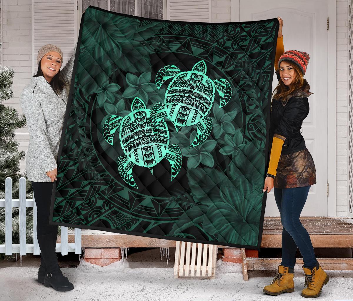 Hawaii Premium Quilt - Turtle Strong Pattern Hibiscus Plumeria Turquoise AH - Polynesian Pride