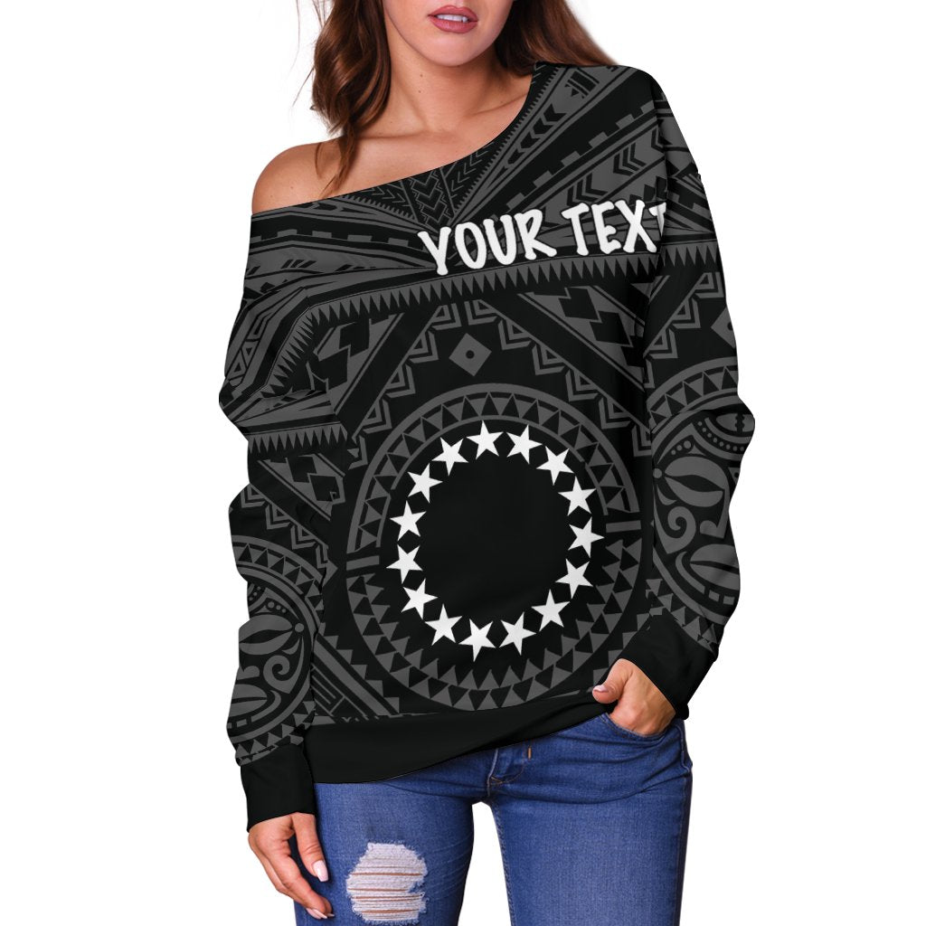 Cook Island Personalised Women's Off Shoulder Sweater - Seal With Polynesian Tattoo Style ( Black) - Polynesian Pride