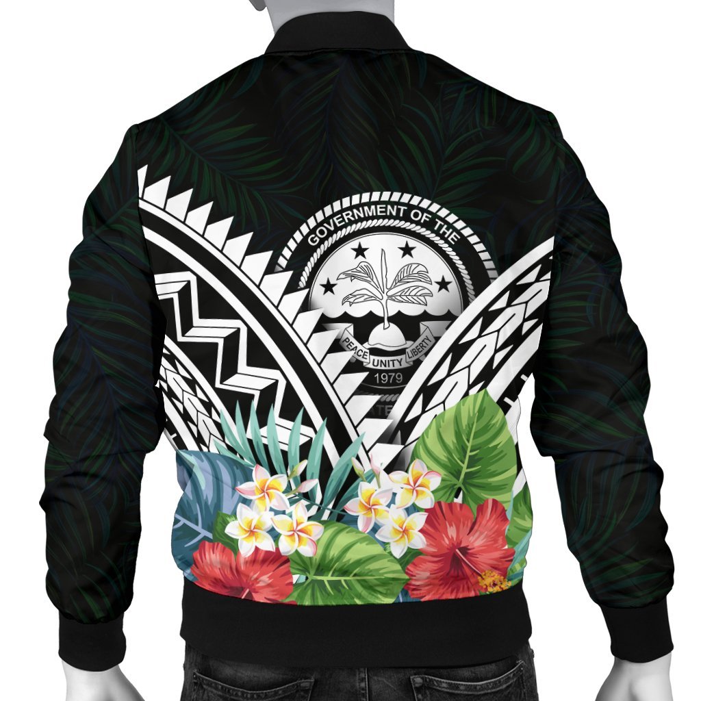 FSM Men's Bomber Jacket - FSM Coat of Arms & Polynesian Tropical Flowers White - Polynesian Pride