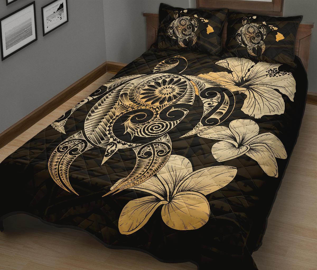 Hibiscus Plumeria Mix Polynesian Gold Turtle Quilt Bed Set - Polynesian Pride
