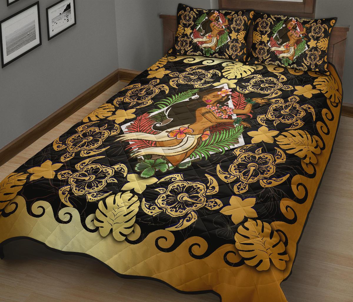 Hawaii Polynesian Quilt Bed Set - Hawaiian Dancing Girl Gold - Polynesian Pride