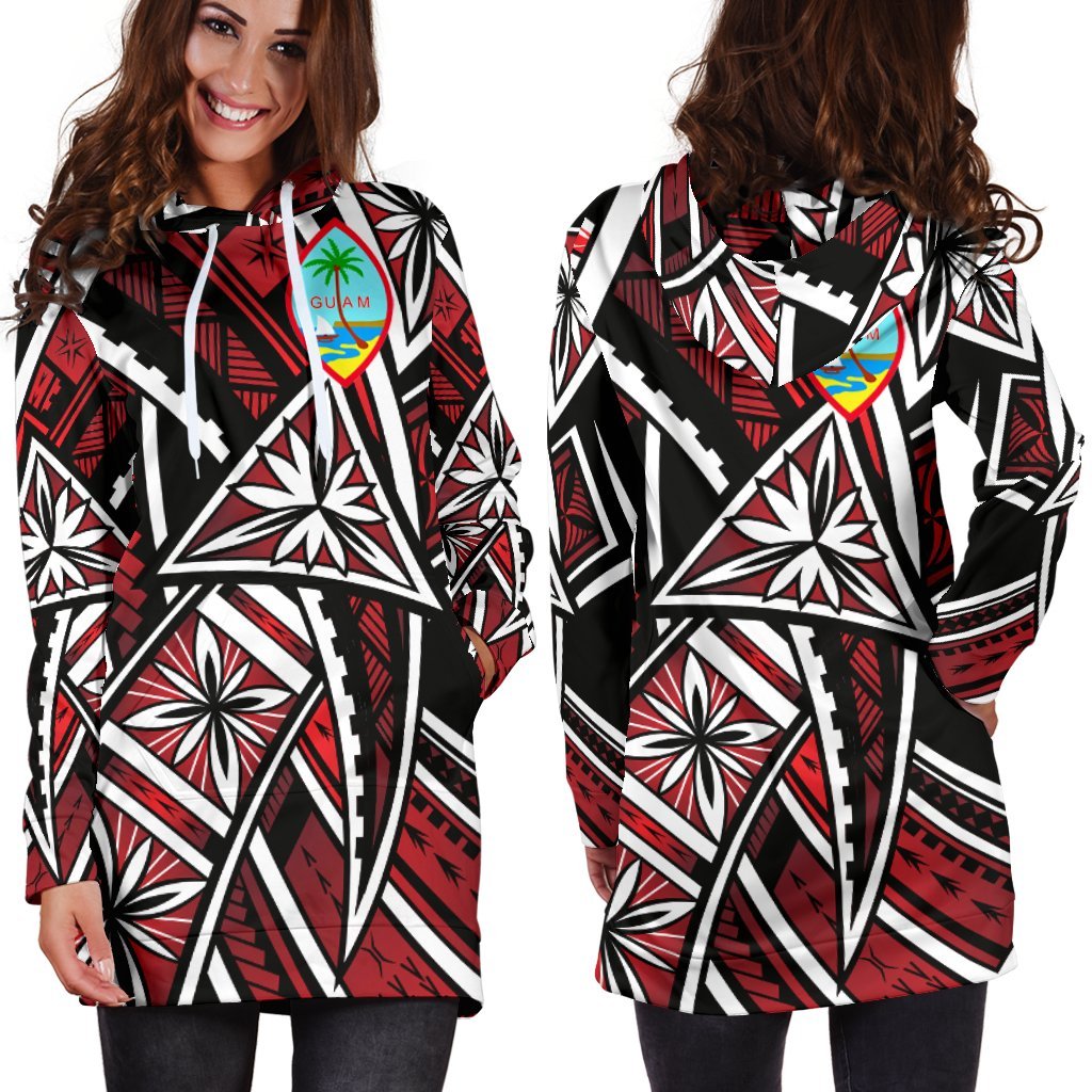 Guam Women's Hoodie Dress - Tribal Flower Special Pattern Red Color Red - Polynesian Pride