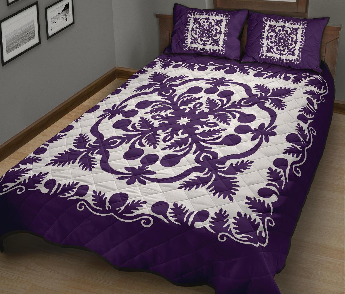 Hawaii Quilt Bed Set Royal Pattern - Purple And White - Polynesian Pride