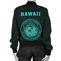Hawaii Kakau Polynesian Coat Of Arms Women's Bomber Jacket - Turquoise - Polynesian Pride