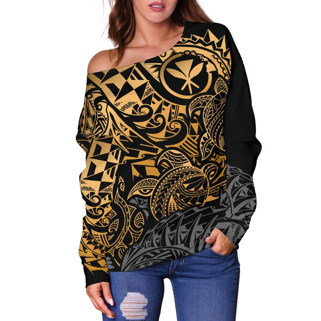 Polynesian Hawaii (Kanaka Maoli) Off Shoulder Sweater - Gold Turtle Hibiscus Flowing - Polynesian Pride