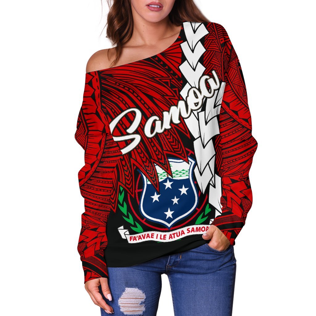 Samoa Polynesian Women's Off Shoulder Sweater - Tribal Wave Tattoo Flag Color - Polynesian Pride