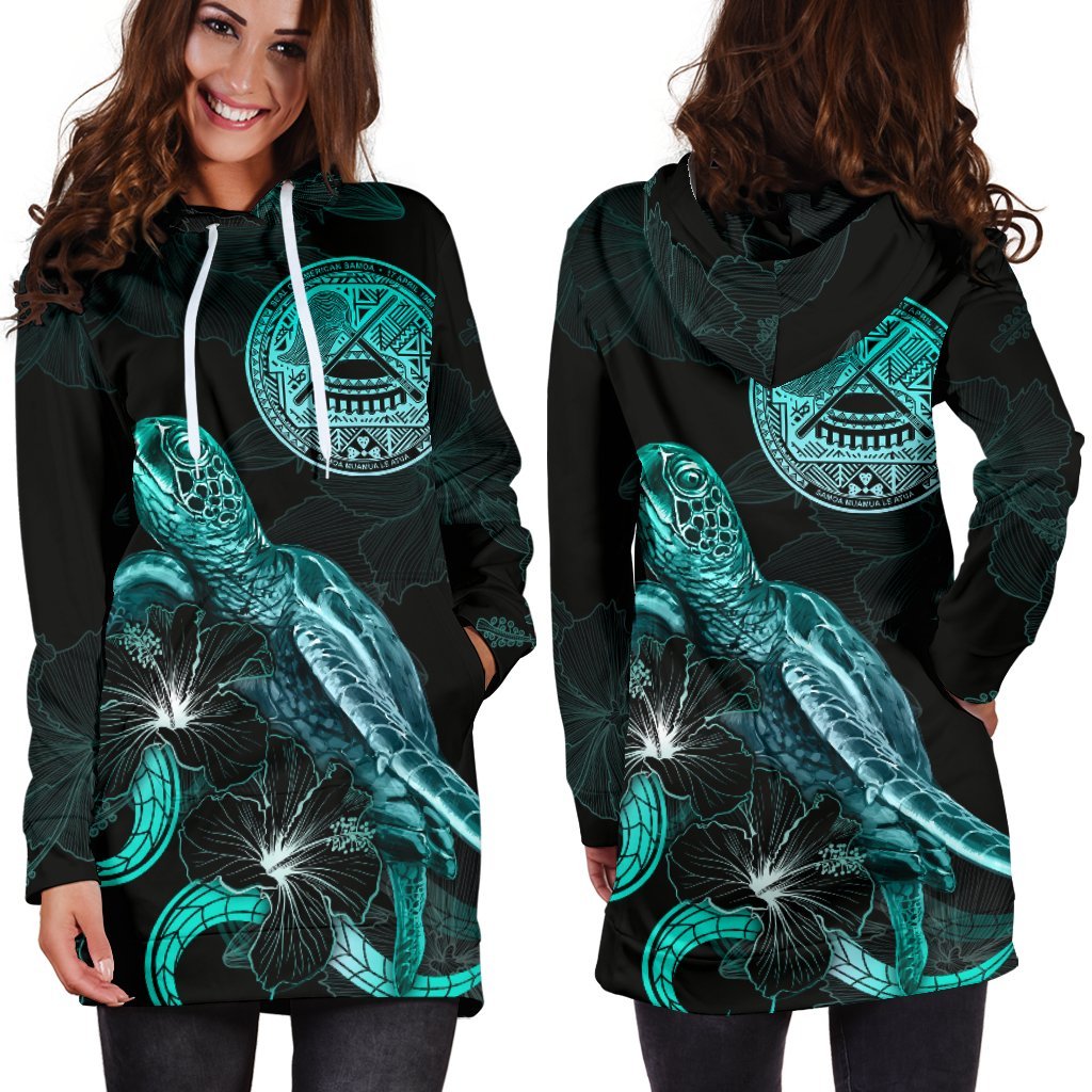 American Samoa Polynesian Hoodie Dress - Turtle With Blooming Hibiscus Turquoise - Polynesian Pride