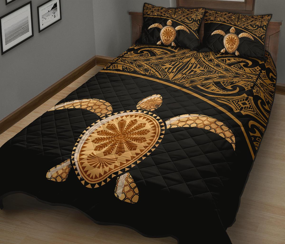 Polynesian Quilt Bed Set - Polynesian Turtle Gold Curve Style - Polynesian Pride