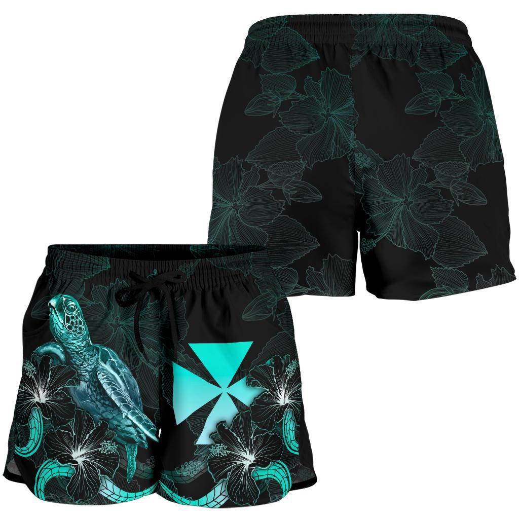 Wallis and Futuna Polynesian Women's Shorts - Turtle With Blooming Hibiscus Turquoise - Polynesian Pride