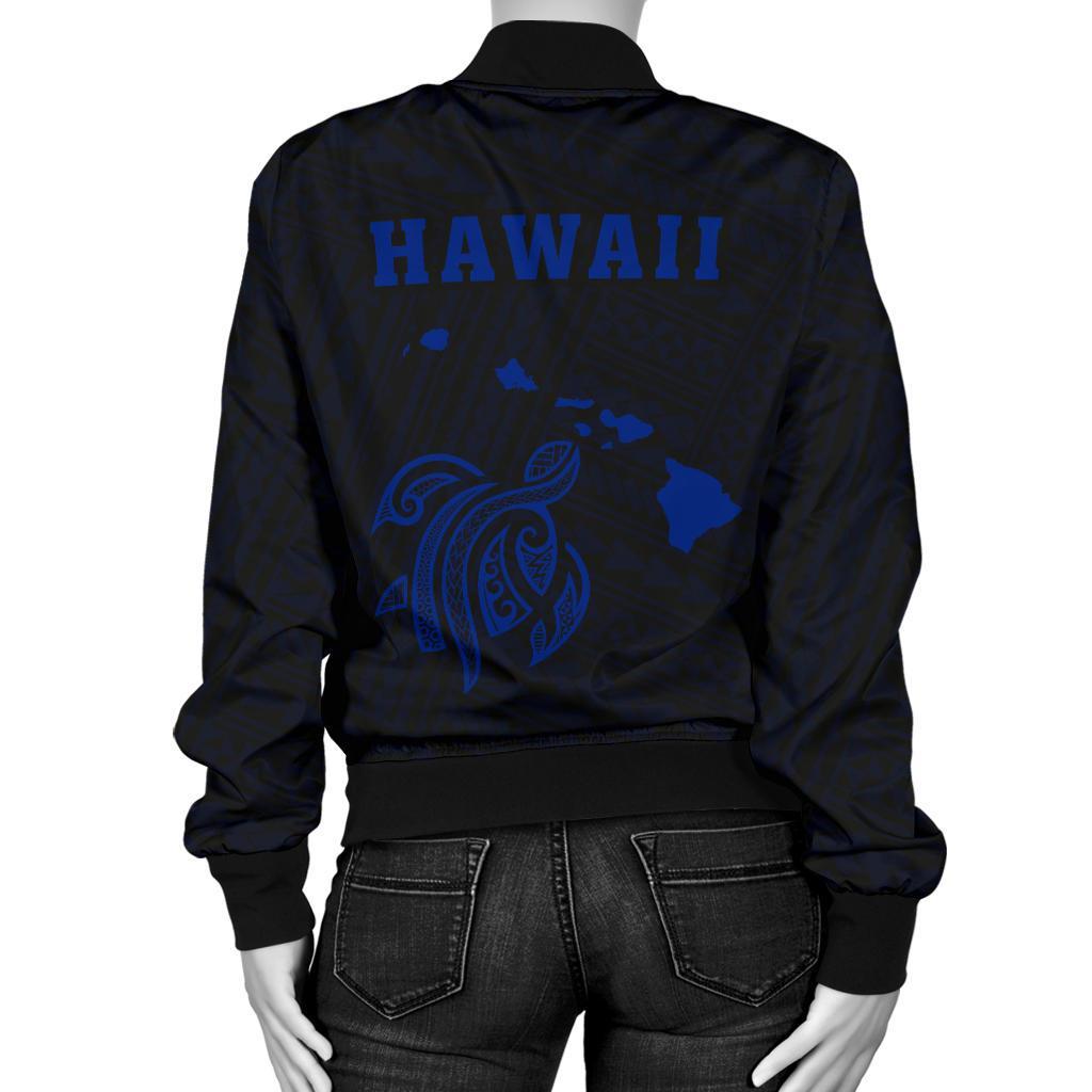 Hawaii Kakau Polynesian Turtle Map Women's Bomber Jacket - Blue - Polynesian Pride