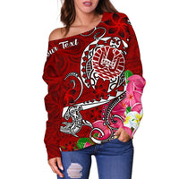 Tahiti Custom Personalised Women's Off Shoulder Sweater - Turtle Plumeria (Red) - Polynesian Pride