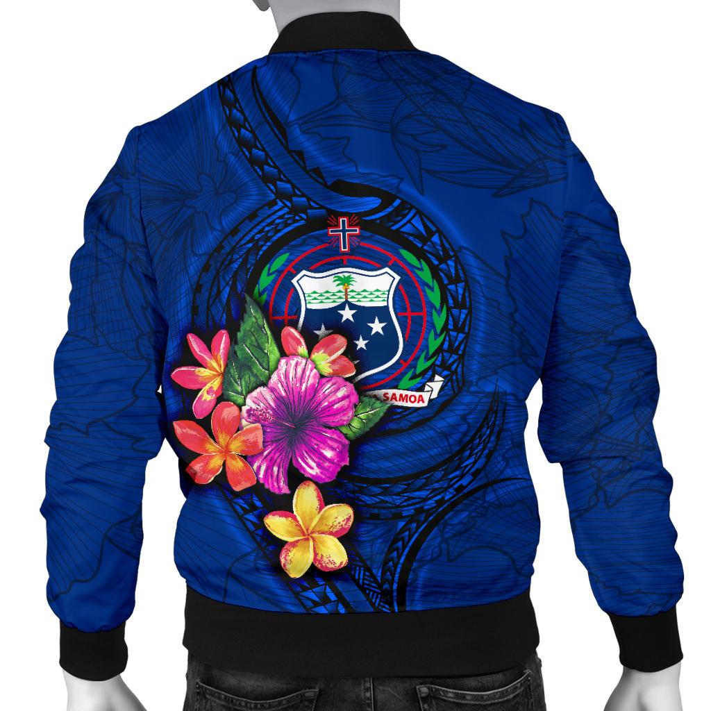 Samoa Polynesian Men's Bomber Jacket - Floral With Seal Blue - Polynesian Pride