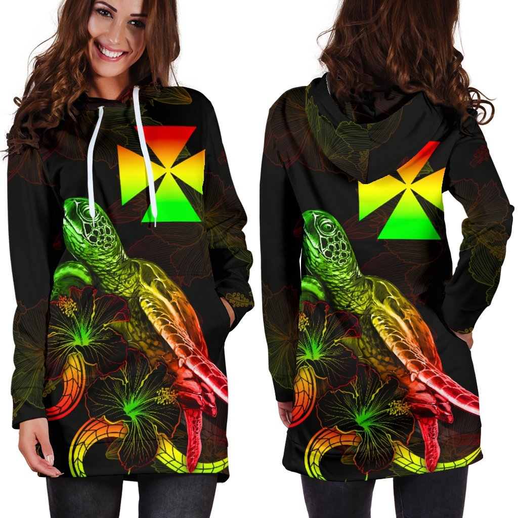 Wallis and Futuna Polynesian Hoodie Dress - Turtle With Blooming Hibiscus Reggae - Polynesian Pride