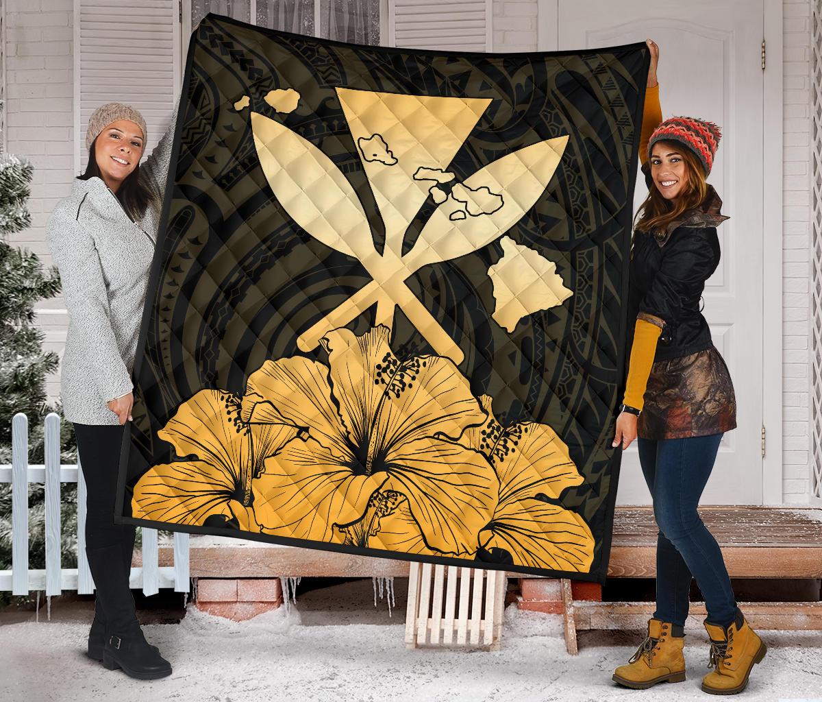 Hawaiian Kanaka Premium Quilt Hibiscus Polynesian Love Gold - Polynesian Pride