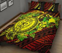 Hawaii Polynesian Quilt Bed Set - Hawaii Yellow Sea Turtle Map & Green Hibiscus - Polynesian Pride