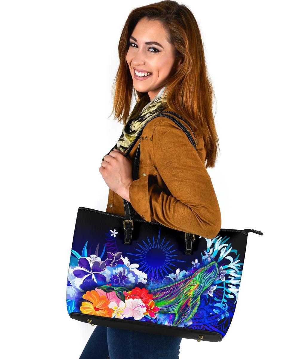 Marshall Islands Large Leather Tote Bag - Humpback Whale with Tropical Flowers (Blue) - Polynesian Pride