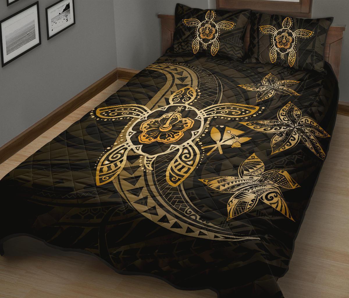 Kanaka Map Hibiscus Plumeria Turtle Art Gold Polynesian Quilt Bed Set - Polynesian Pride