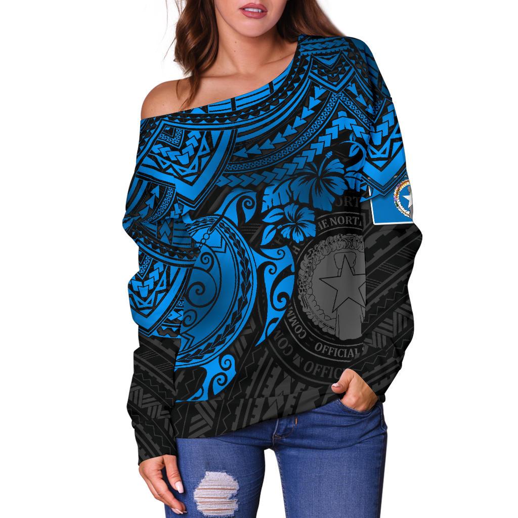 Northern Mariana Islands Polynesian Women's Off Shoulder Sweater - Blue Turtle - Polynesian Pride