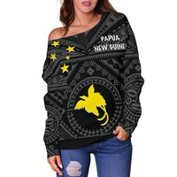 Papua New Guinea Women's Off Shoulder Sweater - Flag With Polynesian Patterns (Black) - Polynesian Pride