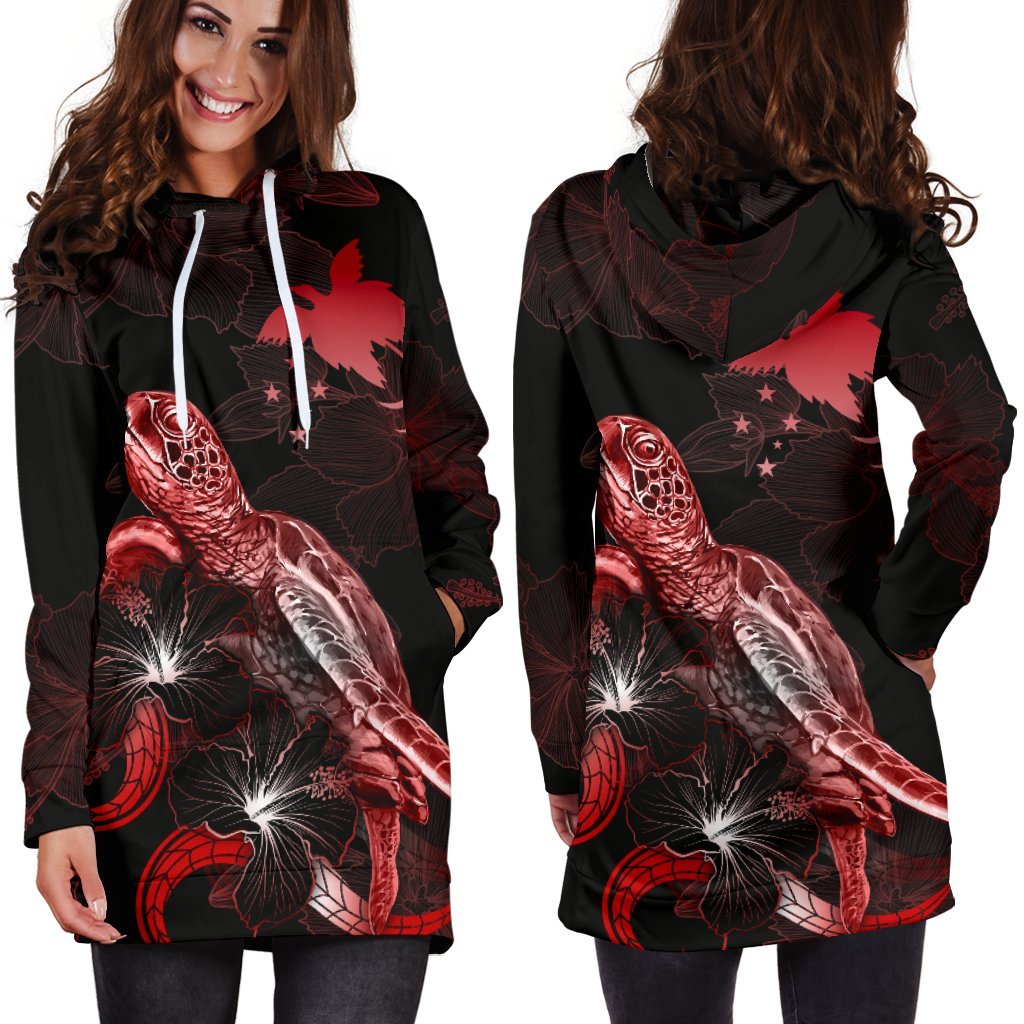 Papua New Guinea Polynesian Hoodie Dress - Turtle With Blooming Hibiscus Red - Polynesian Pride