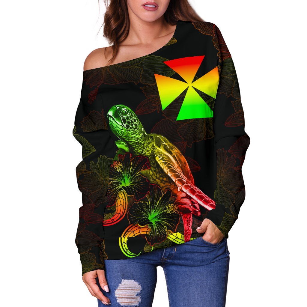 Wallis and Futuna Polynesian Women's Off Shoulder Sweater - Turtle With Blooming Hibiscus Reggae - Polynesian Pride