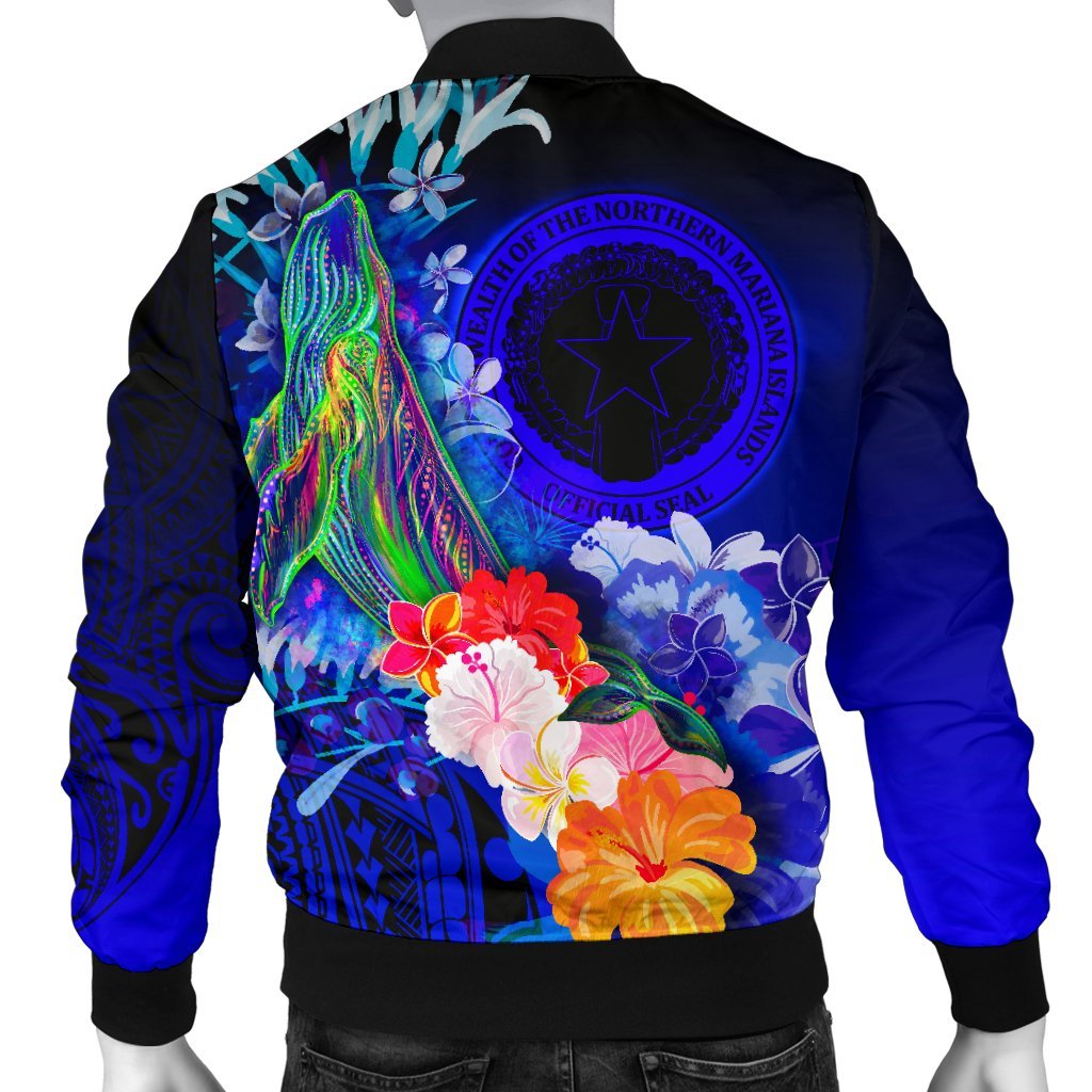 CNMI Custom Personalised Men's Bomber Jacket - Humpback Whale with Tropical Flowers (Blue) - Polynesian Pride