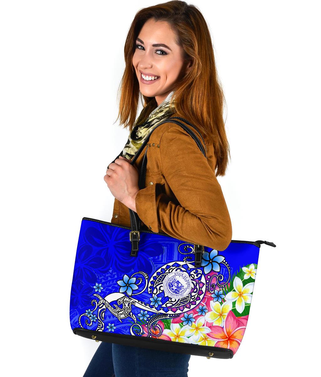 Hawaii Polynesian Large Leather Tote Bag - Hawaii Seal With Turtle Plumeria (Blue) - Polynesian Pride