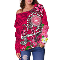 American Samoa Polynesian Women's Off Shoulder Sweater - Turtle Plumeria (Pink) - Polynesian Pride