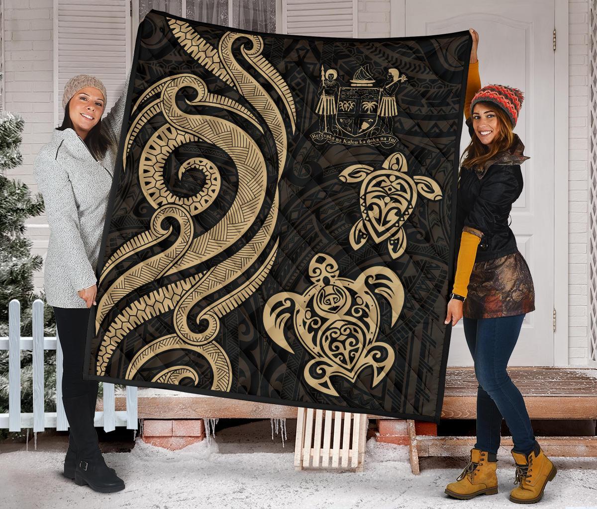 Fiji Polynesian Premium Quilt - Gold Tentacle Turtle Crest - Polynesian Pride