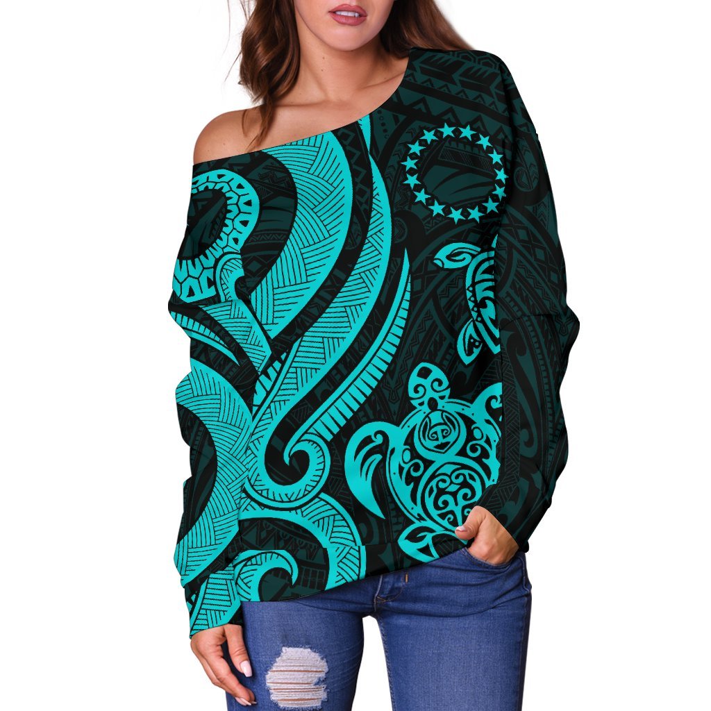 Cook Islands Women's Off Shoulder Sweater - Turquoise Tentacle Turtle - Polynesian Pride