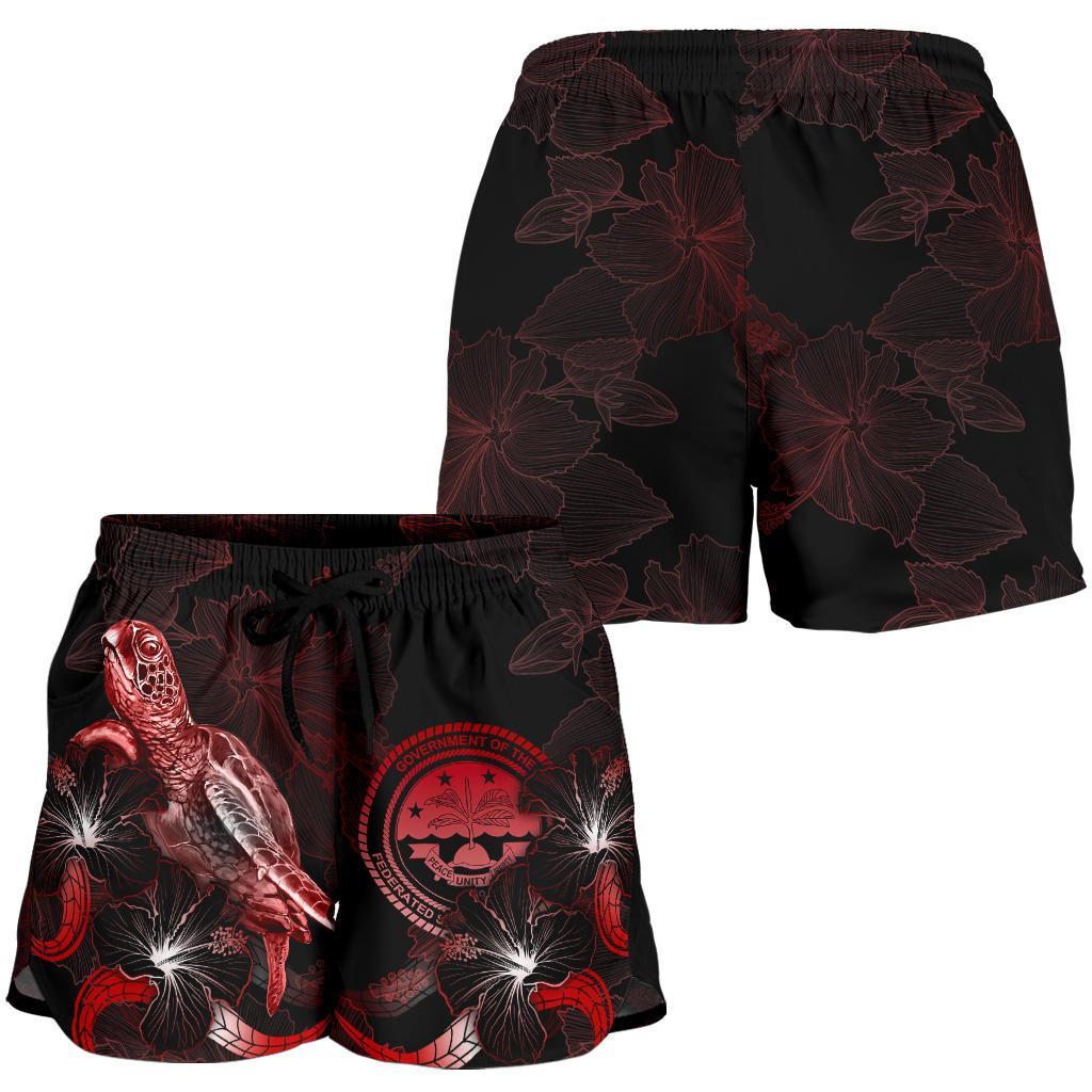 Federated States of Micronesia Polynesian Women's Shorts - Turtle With Blooming Hibiscus Red - Polynesian Pride