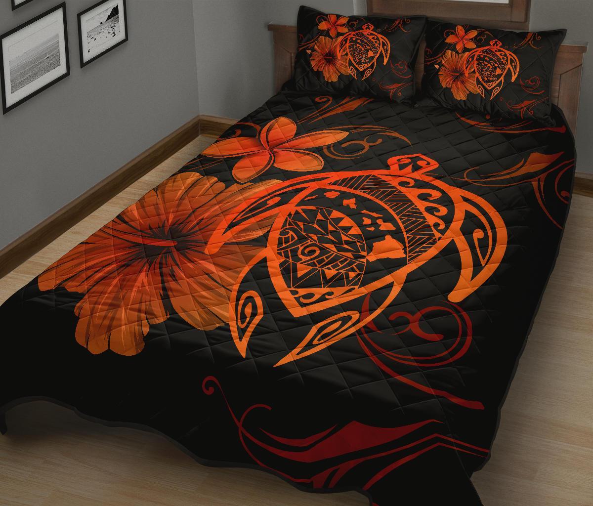 Hawaii Turtle Kanaka Map Hibiscus Poly Quilt Bed Set - Orange - Polynesian Pride