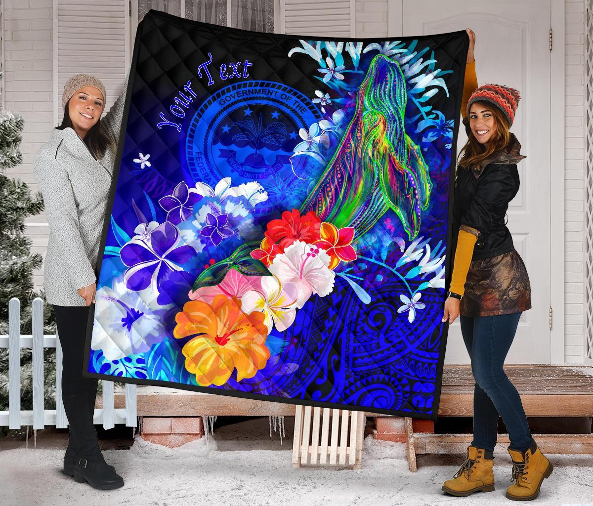 Federated States of Micronesia Custom Personalised Premium Quilt - Humpback Whale with Tropical Flowers (Blue) - Polynesian Pride